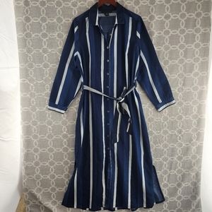 Ashley Stewart Button Up Striped Cotton Long Sleeve Tied Maxi Dress 16